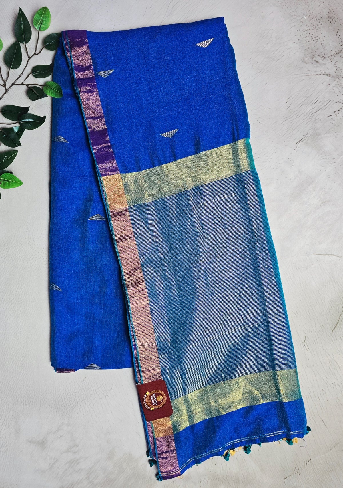 Royal blue Mul Cotton saree with pale gold zari pallu