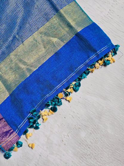Royal blue Mul Cotton saree close-up with zari and tassels