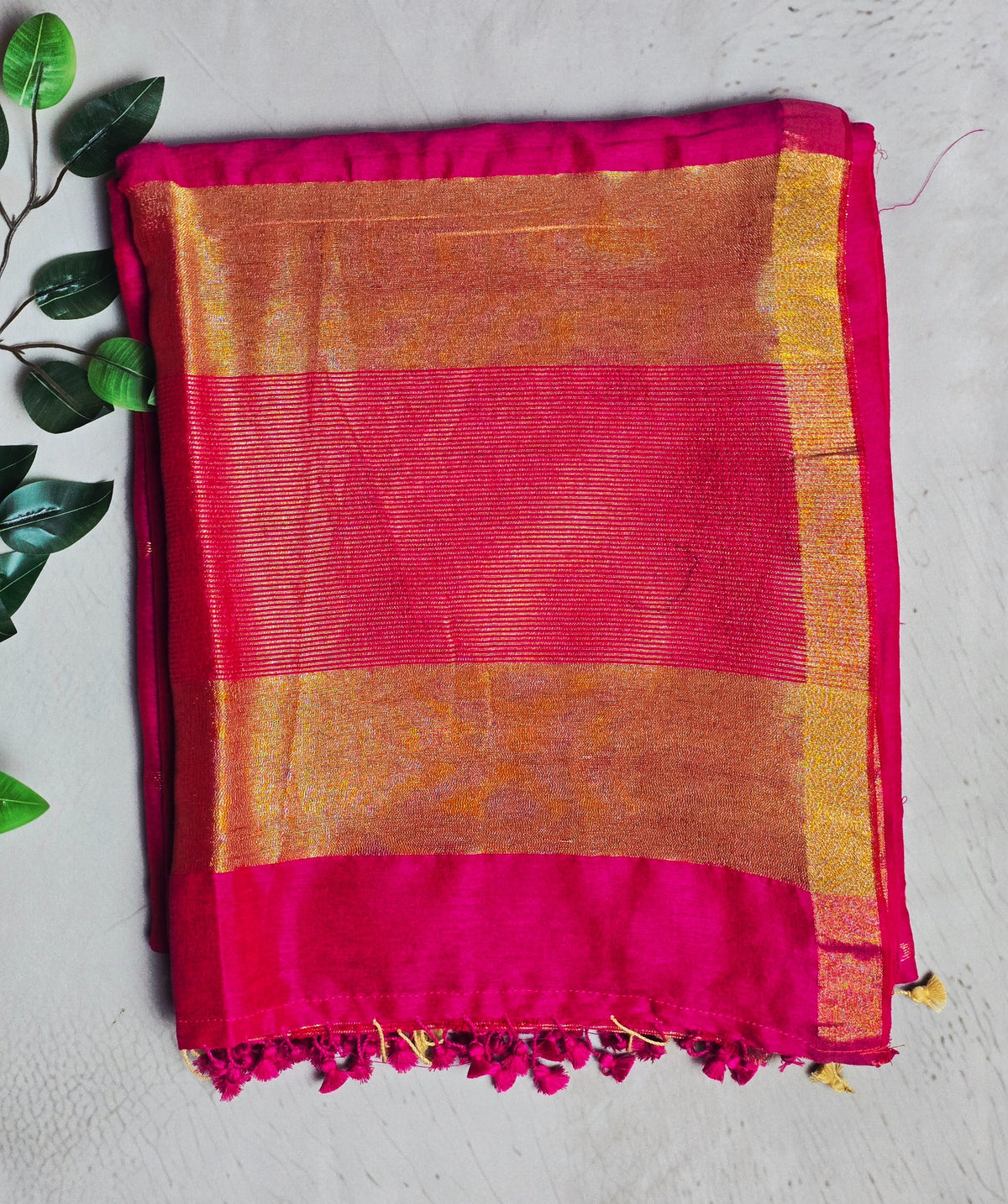 Vivid fuchsia pink Mul Cotton saree with copper gold zari