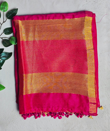 Vivid fuchsia pink Mul Cotton saree with copper gold zari