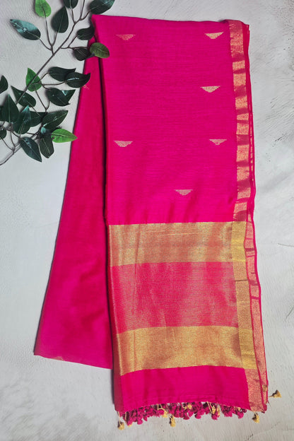Vivid fuchsia pink Mul Cotton saree with copper gold zari pallu