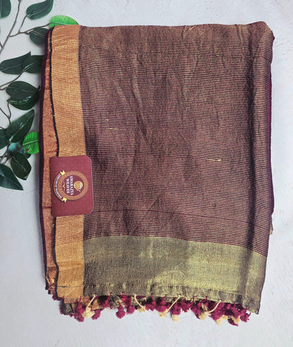 Deep wine Mul Cotton saree with antique gold zari stripes and tassels
