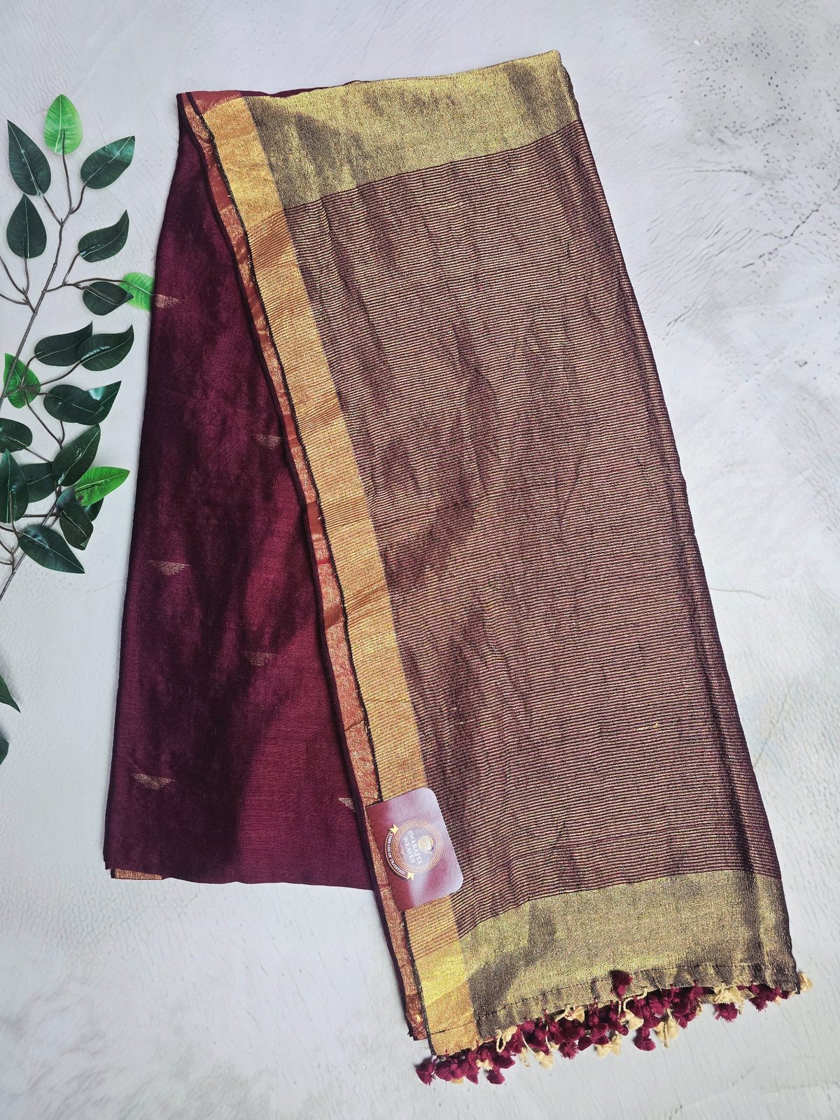Deep wine Mul Cotton saree with antique gold zari pallu