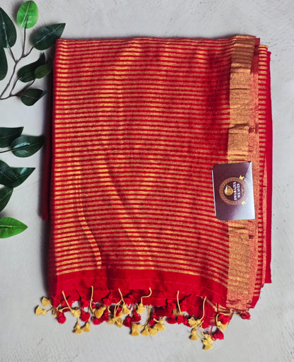 Vibrant red Mul Cotton saree with antique gold zari stripes and tassels