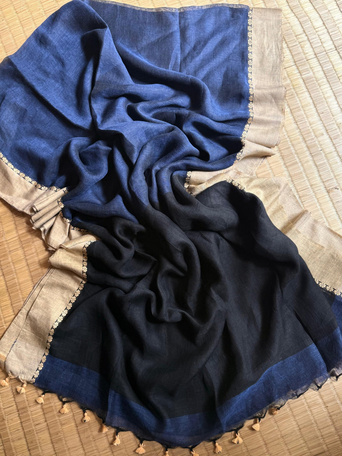 Navy blue and black linen cotton handloom saree with beige-gold border and tassels