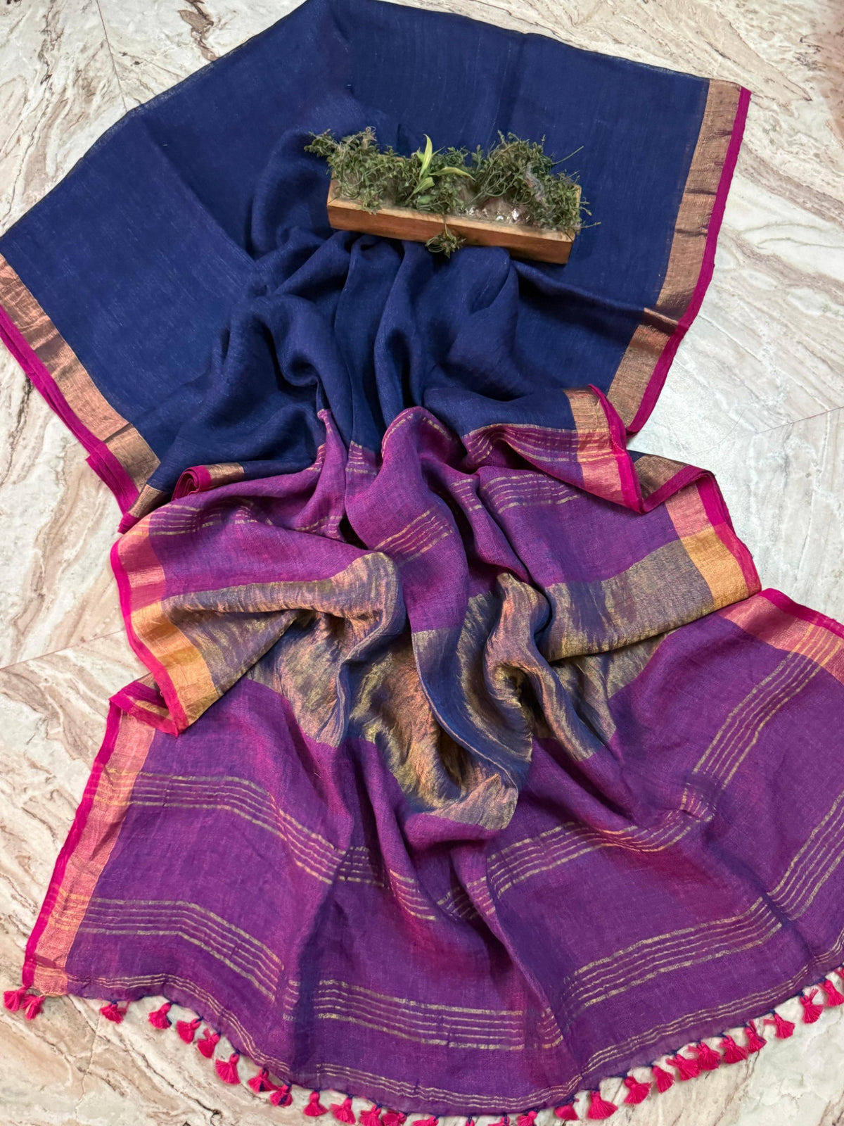 Navy blue and purple linen cotton handloom saree with metallic gold border, magenta edging and tassels