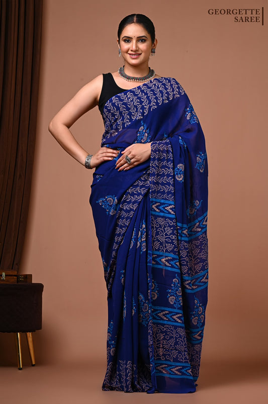 Royal blue Georgette saree with floral and geometric prints