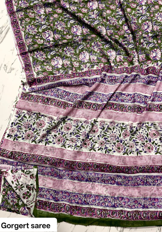 Olive green georgette saree with multicolour floral prints and striped pallu