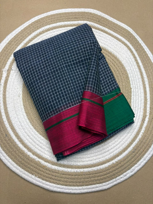 Navy Blue Patteda Anchu Ilkal Saree with Mustard and Purple Border