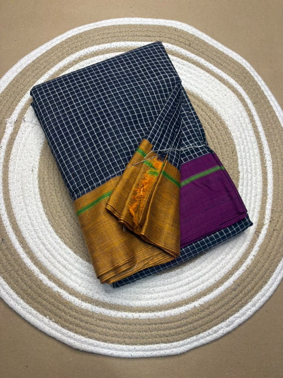 Navy Blue Patteda Anchu Ilkal Saree with Green and Magenta Border