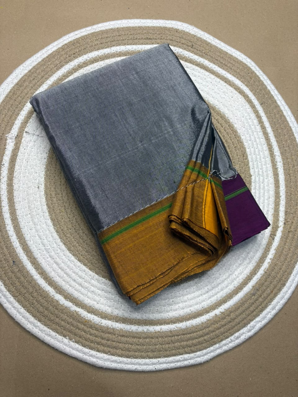 Navy Blue Patteda Anchu Ilkal Saree with Magenta and Green Border