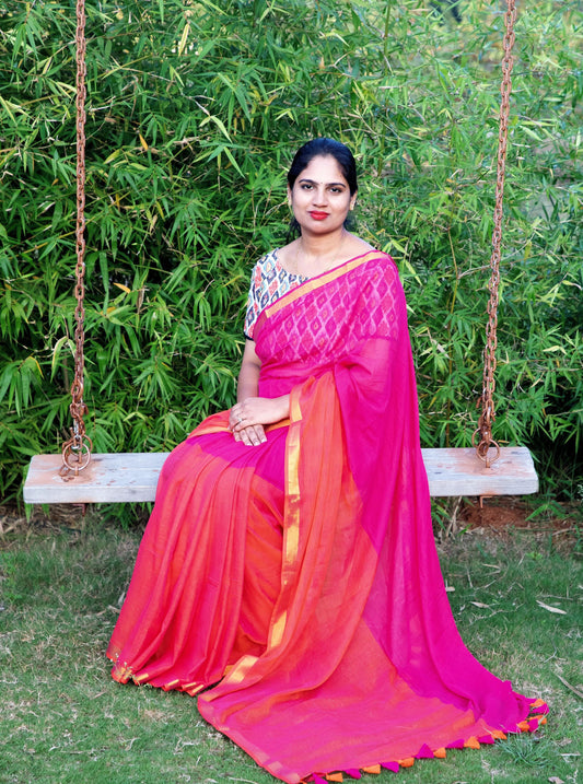 Radiant Pink Mul Cotton Saree with Pallu & Contrast Border