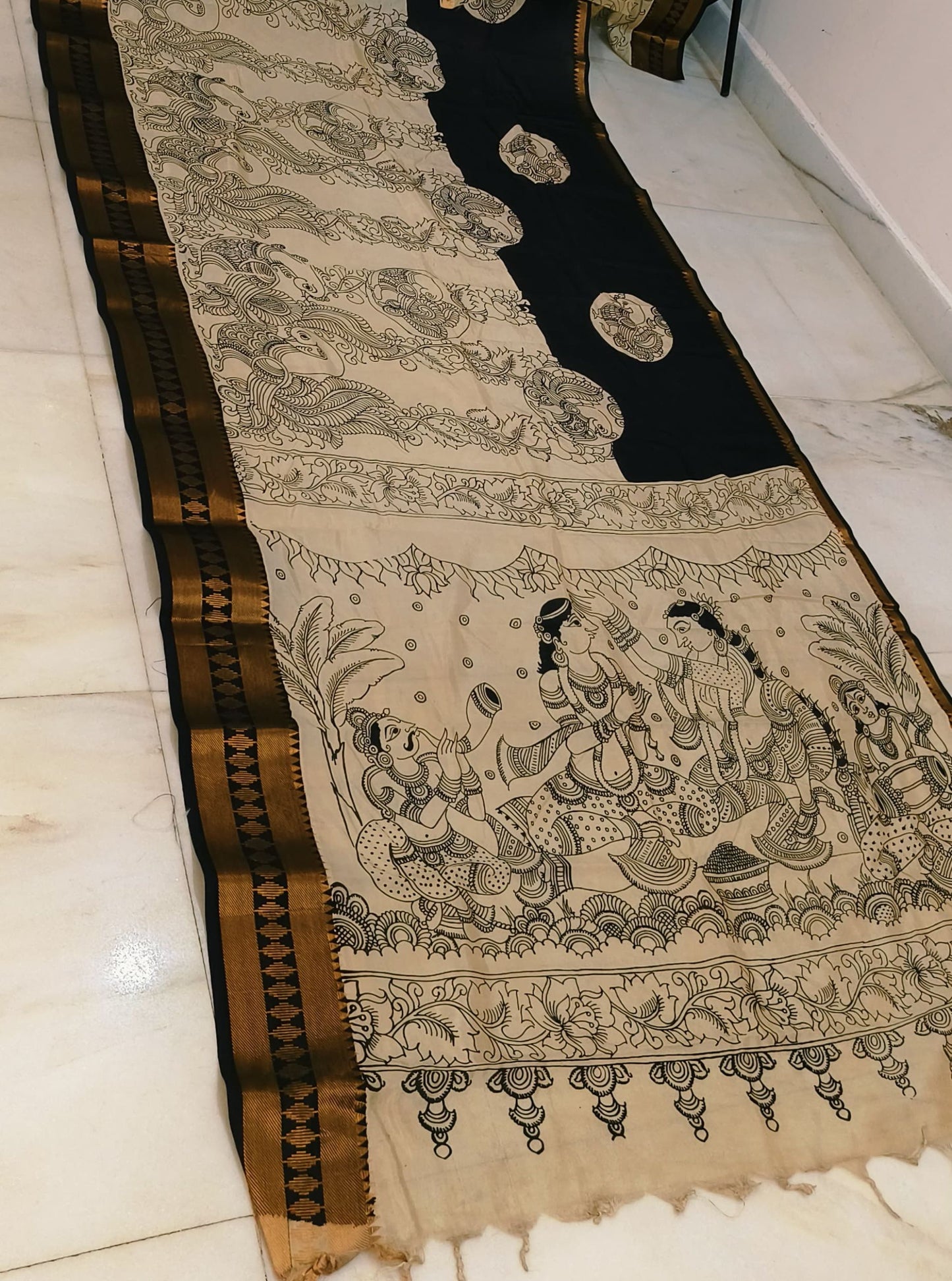 Classic Black Pen Kalamkari Saree with Mythological Narrative Border & Traditional Motifs