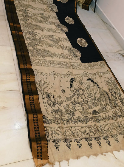 Classic Black Pen Kalamkari Saree with Mythological Narrative Border & Traditional Motifs