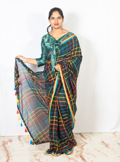 Black Mul Cotton Saree with Multicolor Checks & Tassel Pallu