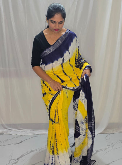 Yellow & Navy Blue Linen Cotton Saree with Abstract Tie-Dye Inspired Patterns