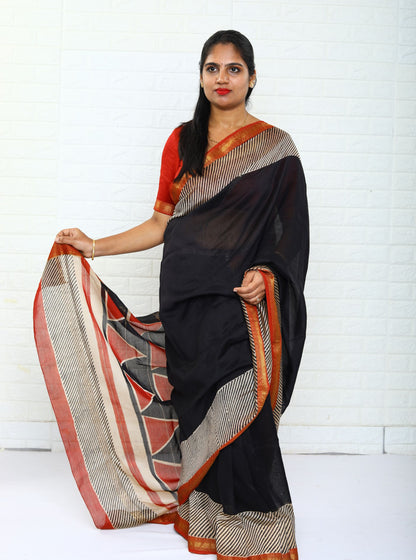 Stylish Black and White Maheshwari Silk Saree with Hand Block Print for Festive & Party Wear