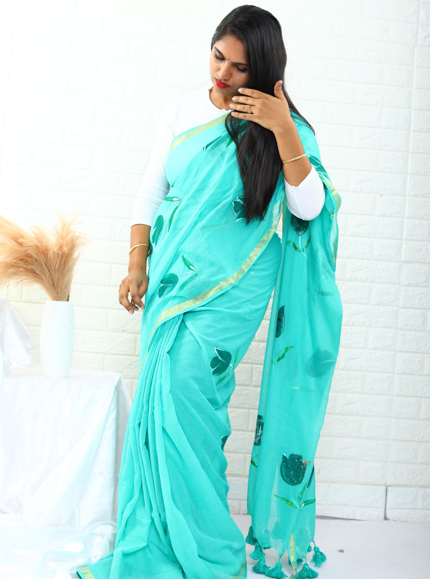 Artistic Blue Mul Cotton Saree with Elegant Hand Painted Detailing for Festive & Daily Wear