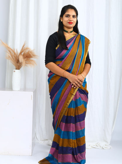 Elegant Brown, Blue and Pink Multicolor Mul Cotton Saree for Everyday Wear