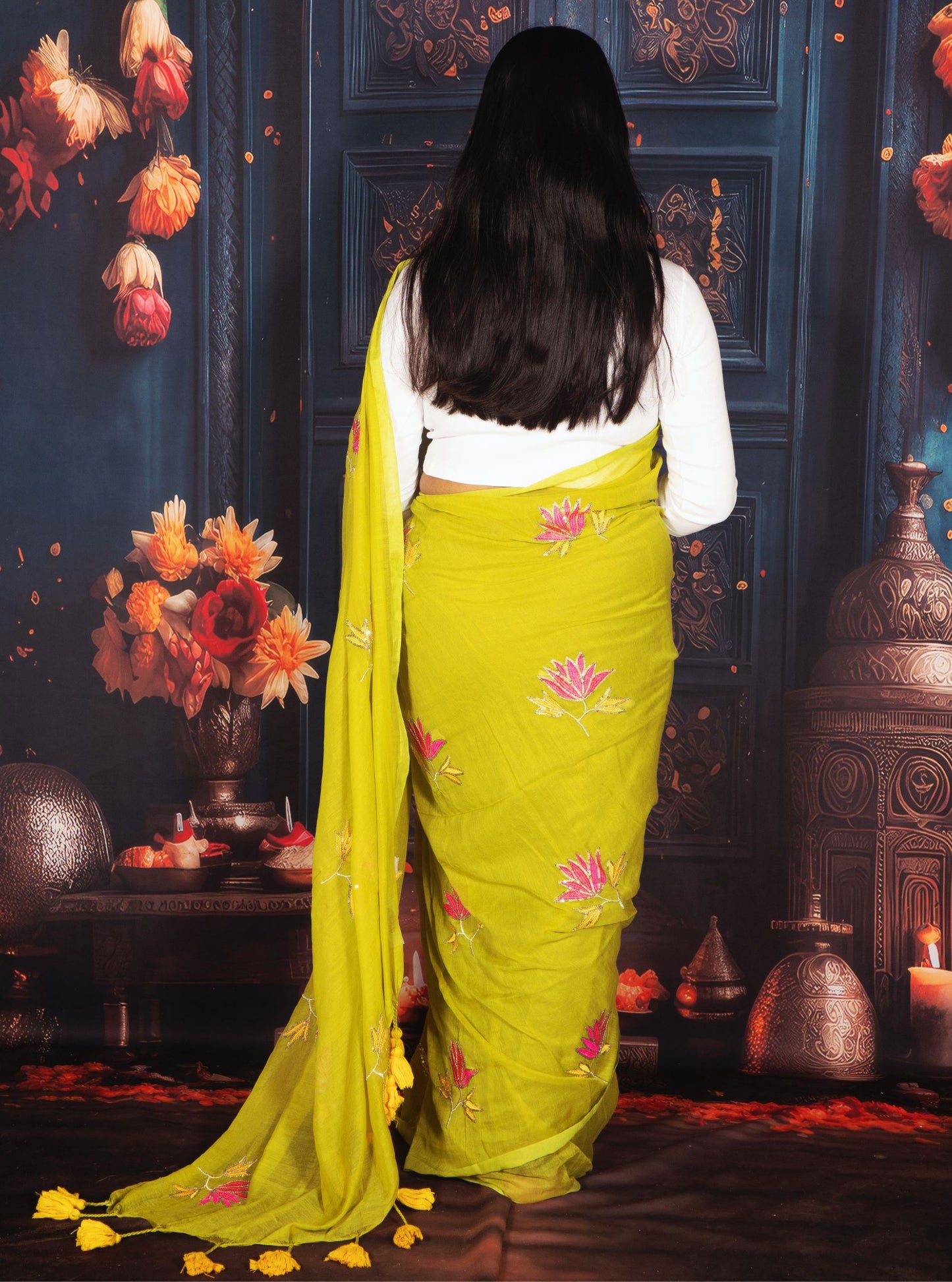 Lime Green Mul Cotton Saree with Hand-Painted Pink Floral Motifs & Tassel Border
