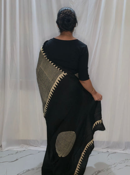 Black & Ivory Pure Modal Silk Saree with Contemporary Stripe Design