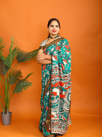 Teal Green Kalamkari Saree with Traditional Floral Print & Contrast Border