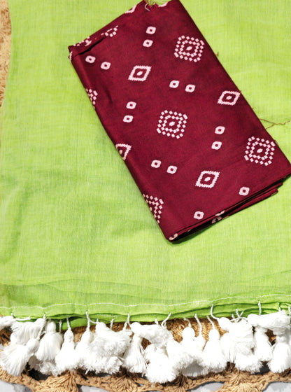 Fresh Lime Green Mul Cotton Saree with Tasselled Pallu & Maroon Ikat-Style Blouse