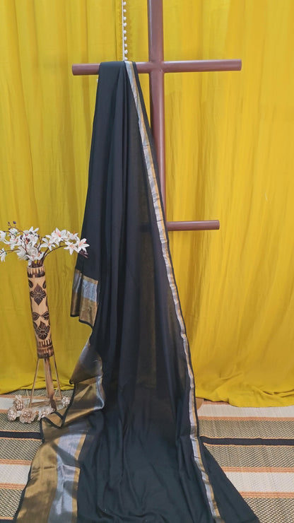 Sophisticated Black Mul Cotton Saree with Silver and Gold Border for Festive & Daily Wear