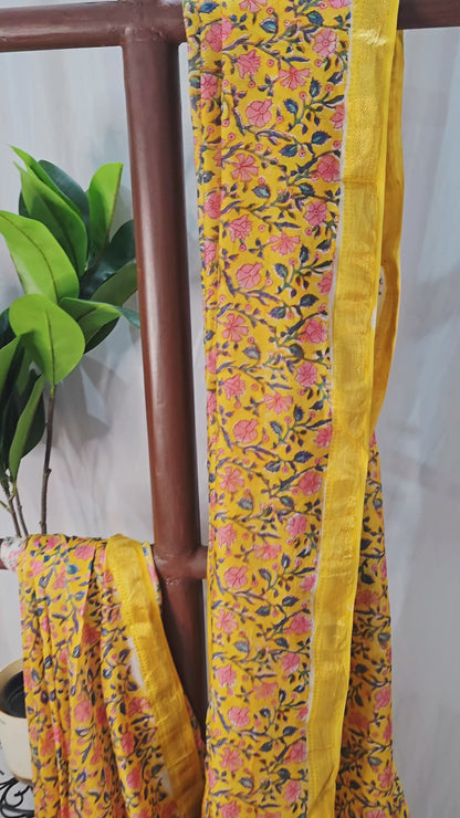 Beautiful Yellow Maheshwari Silk Saree with Hand Block Print for Festive & Party Wear