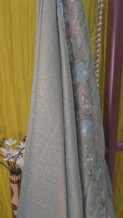 Stunning Pastel Green Crushed Tissue Silk Saree with Flower Embroidery for Festive Wear