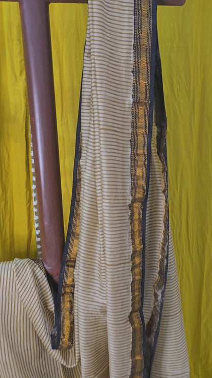 Charming Ivory Maheshwari Silk Saree with Hand Block Print for Festive & Party Wear