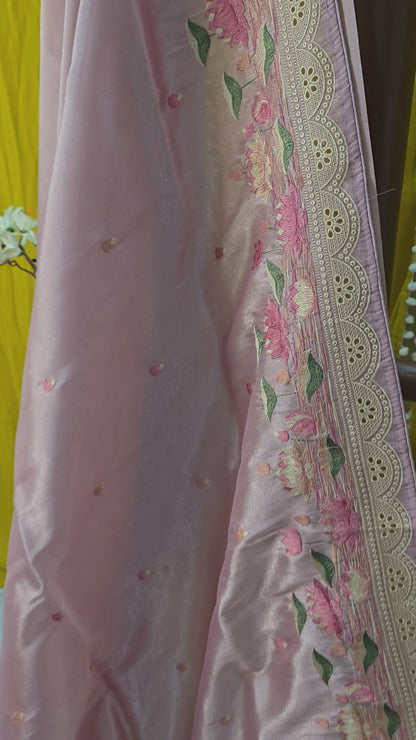 Elegant Pastel Pink Tissue Silk Saree with Embroidery Design Border for Festive Wear