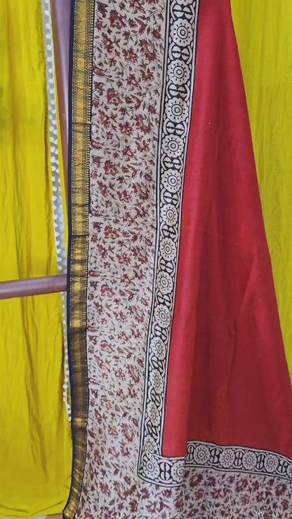 Graceful Red Maheshwari Silk Saree with Hand Block Print for Festive & Party Wear