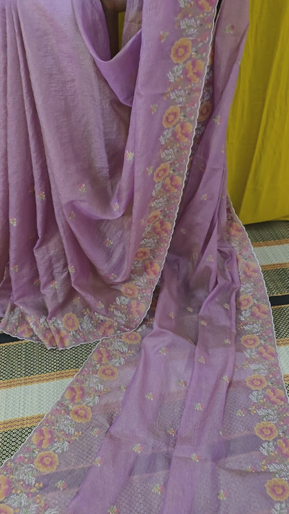 Stunning Pastel Pink Crushed Tissue Silk Saree with Flower Embroidery for Festive Wear