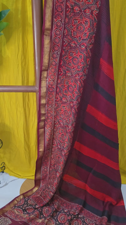 Charming Maroon Maheshwari Silk Saree with Hand Block Print for Festive & Party Wear
