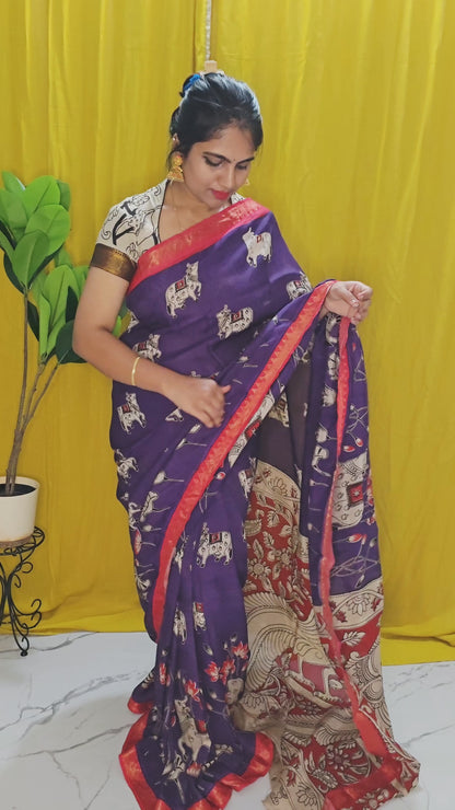 Exquisite Purple Pichwai Kalamkari Mangalagiri Silk Saree with Nizam Border and Hand Block Design