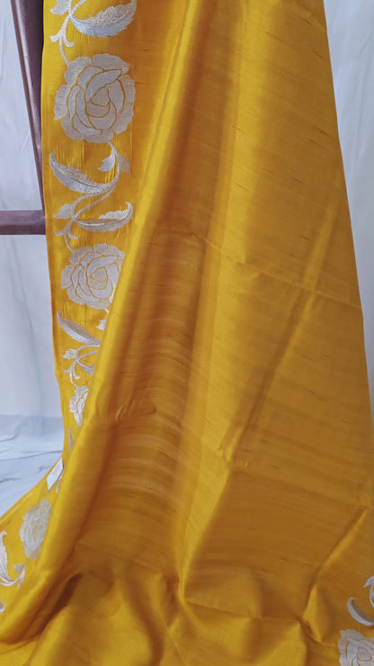 Elegant Yellow Tussar Silk Saree with Silver Flower Embroidery Border for Festive Wear