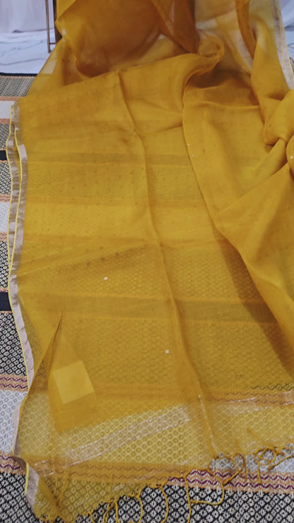 Stunning Yellow Pure Kora Silk Saree with Elegant Design for Party and Festive Wear