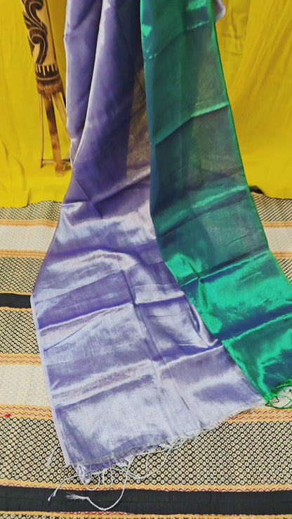 Dual Shade Green and Silver Tissue Cotton Saree with Elegant Festive Appeal