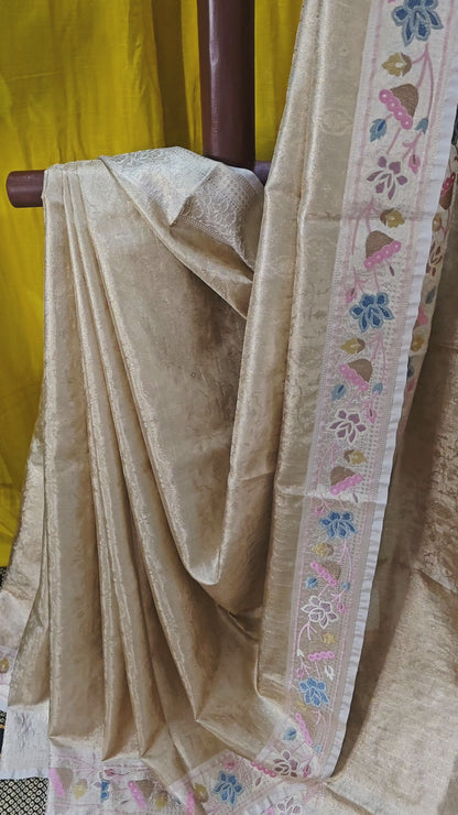 Elegant Gold Tissue Silk Saree with Embroidery Design for Festive and Party Wear