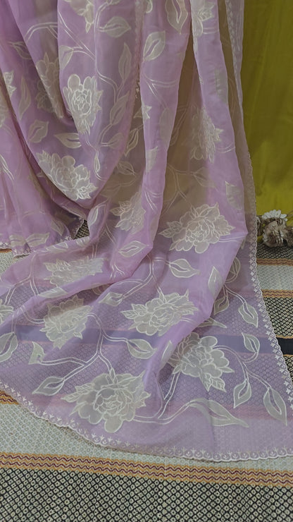 Elegant Pink Silk Tissue Saree with Applique Design for Festive Wear