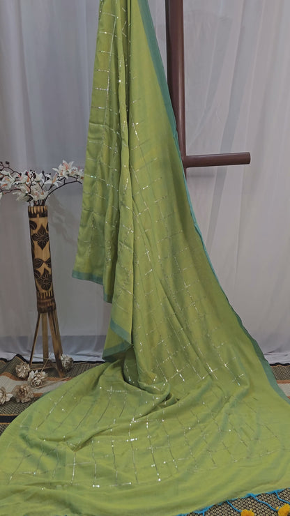 Elegant Green Mul Cotton Saree with Checks and Sequence Design for Festive & Daily Wear
