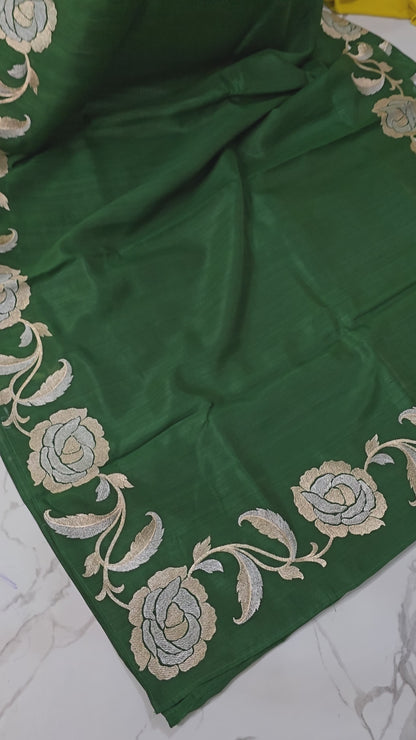 Classic Green Tussar Silk Saree with Silver Flower Embroidery Border for Festive Wear