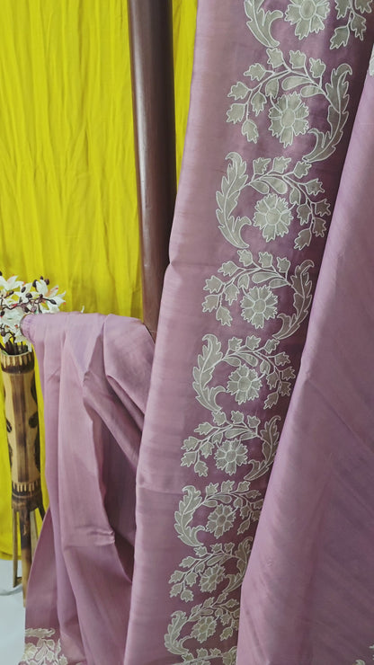 Elegant Pastel Pink Tussar Silk Saree with Applique Design Border for Festive Wear
