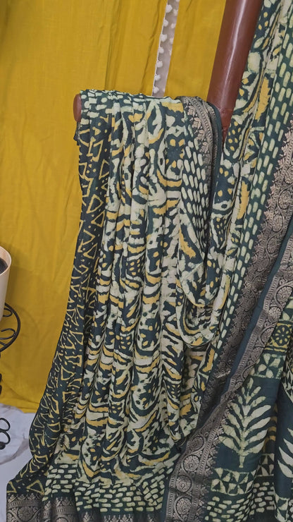 Stylish Yellow Dola Silk Saree with Ajrakh Hand Block Print for Festive & Party Wear