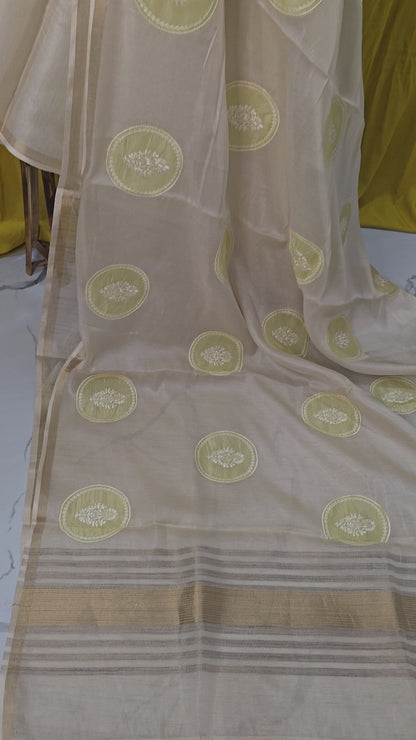 Elegant Ivory Tissue Silk Saree with Applique Design for Festive Wear