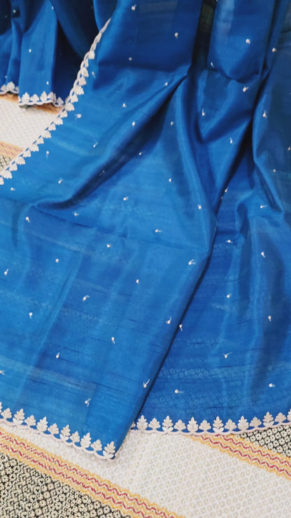 Beautiful Blue Tussar Silk Saree with Silver Embroidery Border for Festive and Party Wear