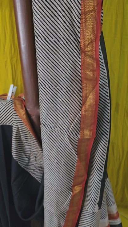 Stylish Black and White Maheshwari Silk Saree with Hand Block Print for Festive & Party Wear