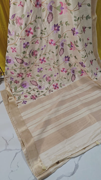 Beautiful White Tussar Silk Saree with Embroidery Design for Festive Wear