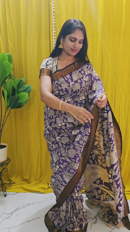 Elegant Purple Kalamkari Mangalagiri Silk Saree with Nizam Border and Hand Block Design